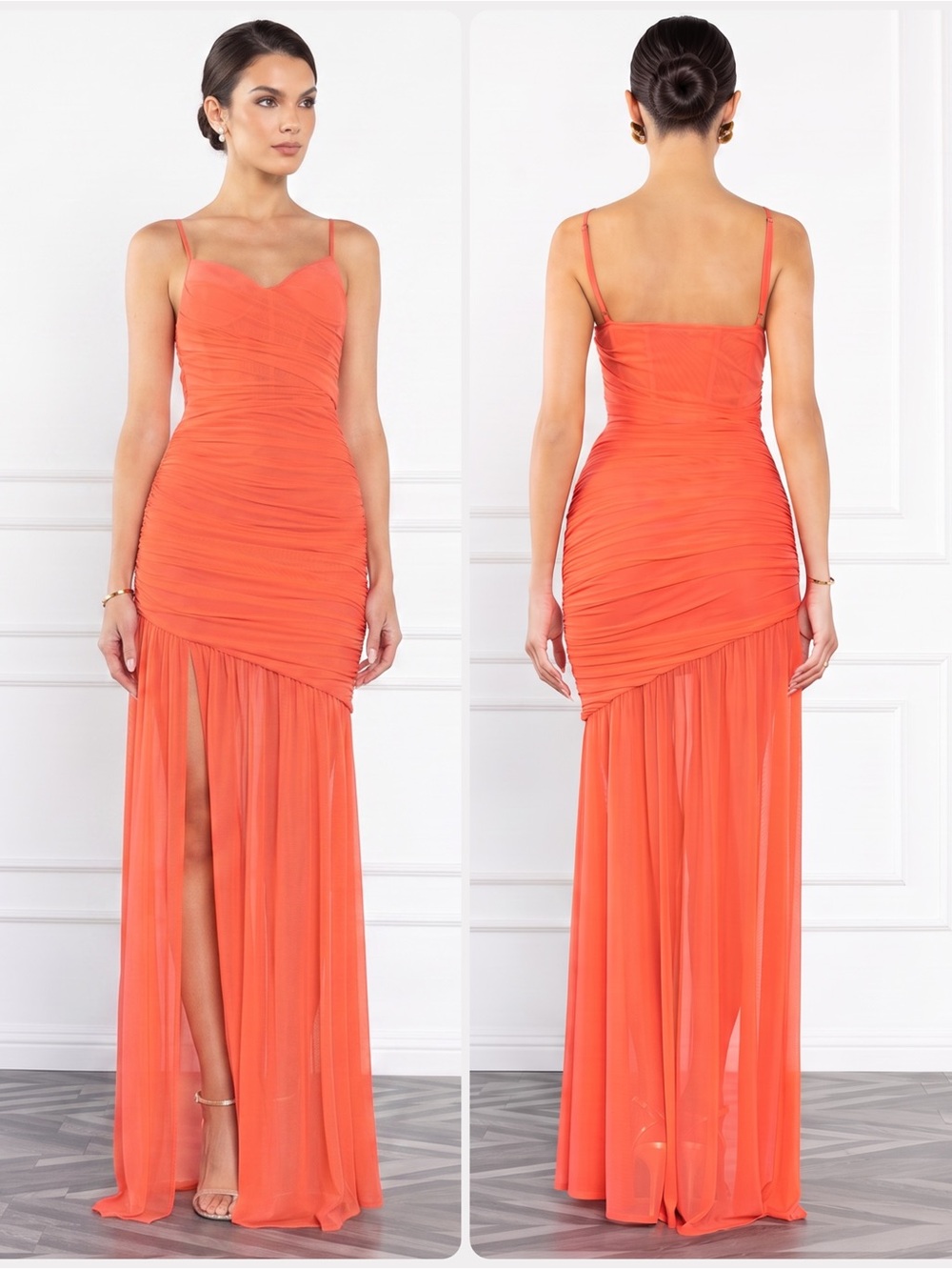 Black Halo Kristen Coral Ruched Spaghetti-Strap Gown Maxi Dress NWOT $495